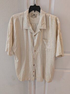 Tommy Bahama Hawaiian Button Up Shirt Mens XXL Beige Silk Tropical Vacation